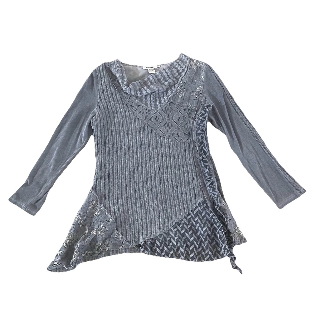 Feratelli Asymmetrical Lace‎ Tunic Ribbed Patchwork Long Sleeve Artsy Boho Large